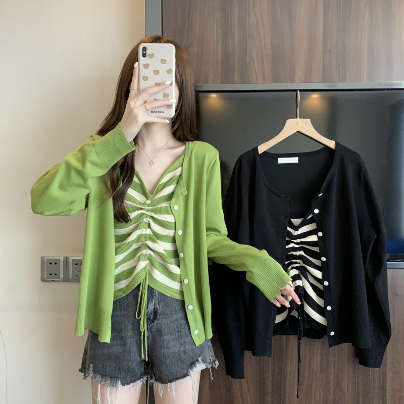 New large size simple and versatile knitted cardigan striped drawstring camisole two-piece set