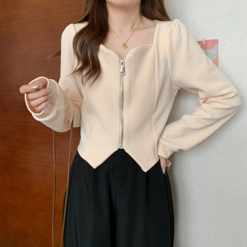 Women's spring new large size square collar top with irregular inner black long-sleeved T-shirt cardigan