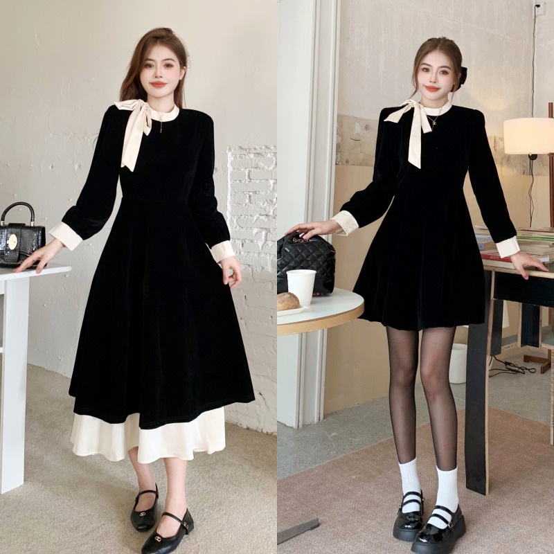 Plus size fat mm velvet autumn and winter French small fragrance bow dress loose wear slimming fake two-piece skirt for women