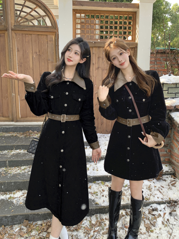 Plus size women's autumn and winter new slim waist corduroy bestie skirt fat mm black dress for women