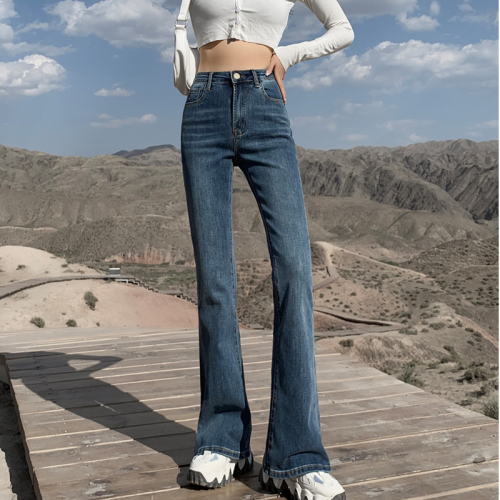 Autumn and winter slightly flared high-waisted straight-leg slim fit stretch floor-length jeans