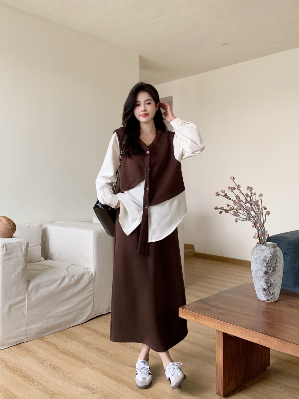 Fat mm slimming suit women's new spring new belly cover fake two-piece top and skirt two-piece set