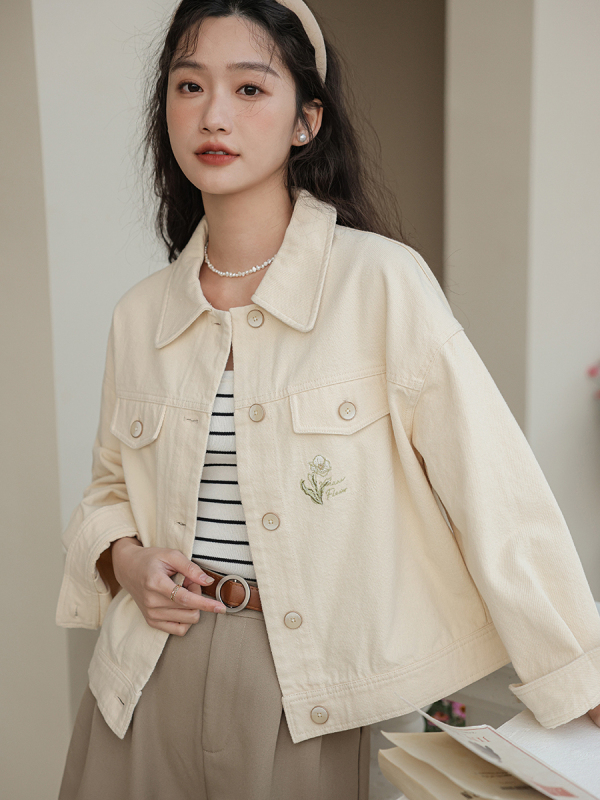 Autumn new sweet off-white denim jacket top short jacket embroidered denim jacket for women