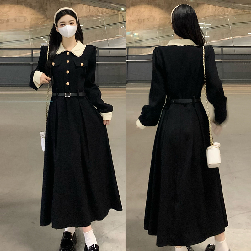 Plus size Hepburn holiday niche temperament slim French lapel black skirt waist color block retro dress for women