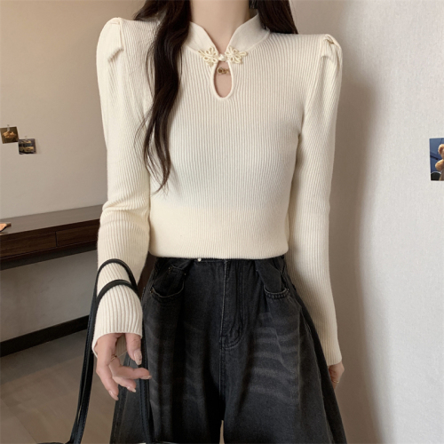 Large size stand collar puff long sleeve knitted bottoming shirt for women new Chinese style plate button hollow improved cheongsam top