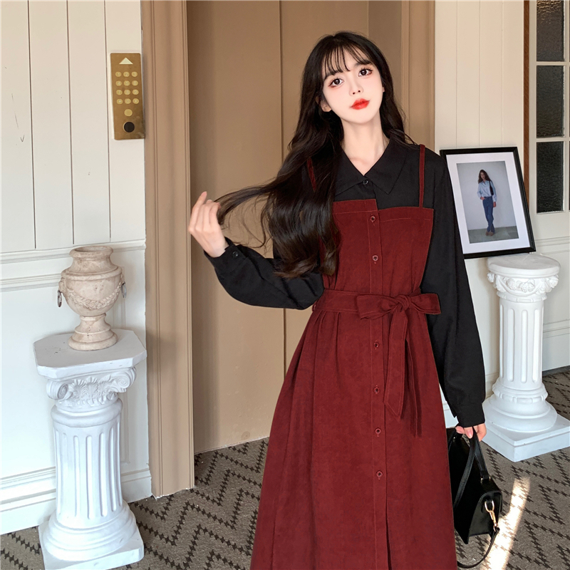 Code splicing fake two-piece dress autumn new fat mm contrast color waist long skirt