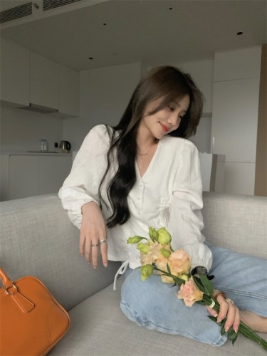 Spring and autumn long-sleeved shirt women's design niche new French style chic V-neck short top