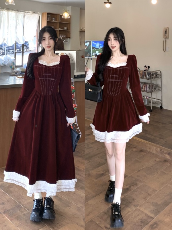 Plus size berry sweetheart retro Christmas annual party sweet velvet lace splicing age-reducing slimming dress