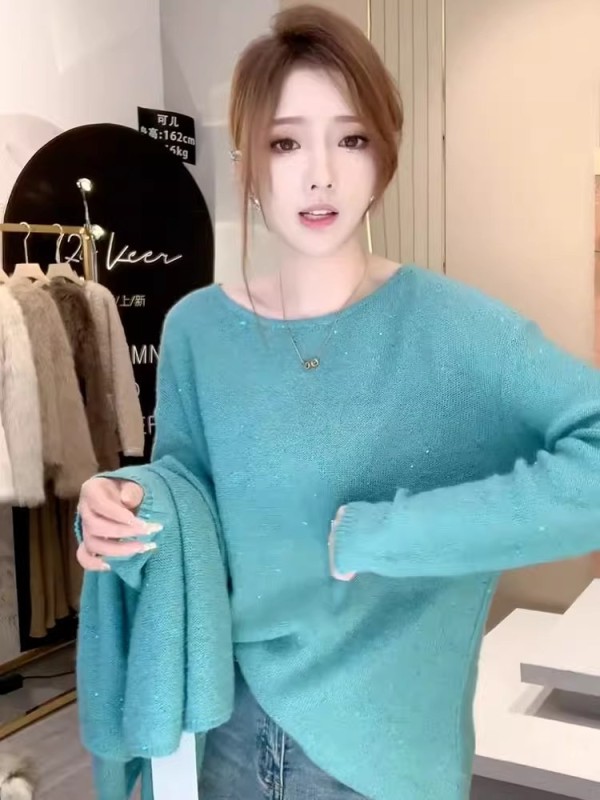 Ready stock - Lazy style blue loose slim round neck sweater autumn new heavy industry starry sky sparkling sweater