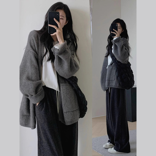 Lazy style gray sweater cardigan jacket for women autumn and winter  new high-end loose knitted top outer wear