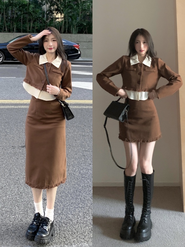 Plus size women's autumn and winter new fat mm retro coffee color woolen jacket women's half-length tassel skirt suit