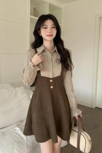 Plus size fat mm 2024 autumn and winter new slim retro atmosphere striped shirt college dress women