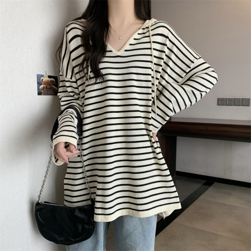 Large size v-neck striped sweater for women in autumn slimming loose lazy style hooded mid-length bottoming top