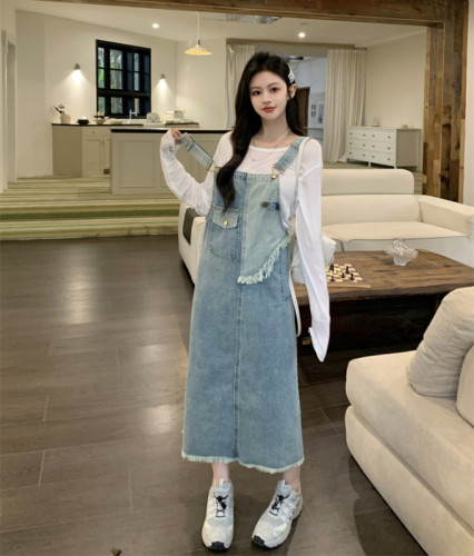 Plus size fat mm American workwear denim suspender dress for women 2024 new slimming niche skirt