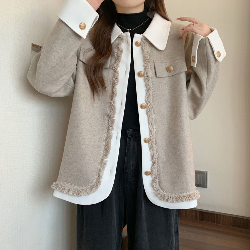 New winter plus size women's clothing for fat mm fake two-piece cardigan design with small fragrance style woolen coat for women