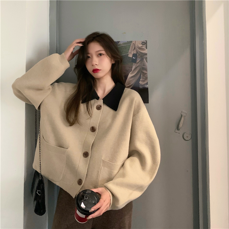Large Size Color Block Polo Collar Sweater Coat Korean Style Loose Button Cardigan Long Sleeve Knitted Top