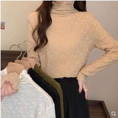 Large size fat mm half turtleneck lace long-sleeved T-shirt for women in spring and autumn with bottoming shirt to cover belly and slimming top