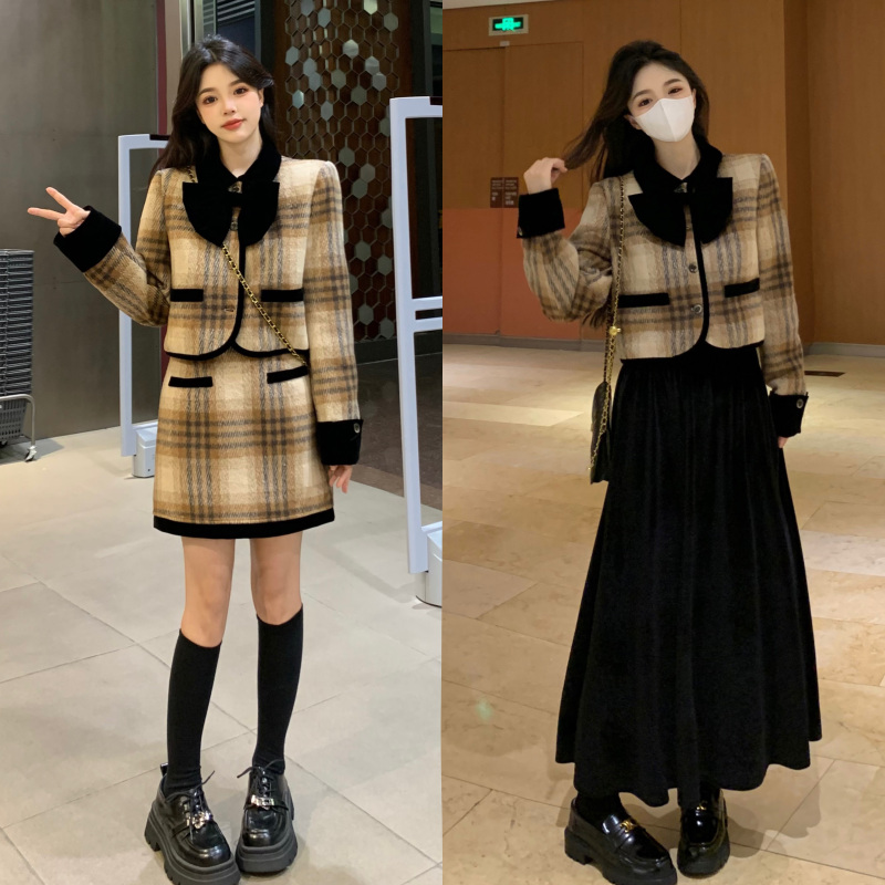 Plus size fat mm autumn and winter temperament for age reduction bow woolen quilted plaid coat high waist long and short skirt suit