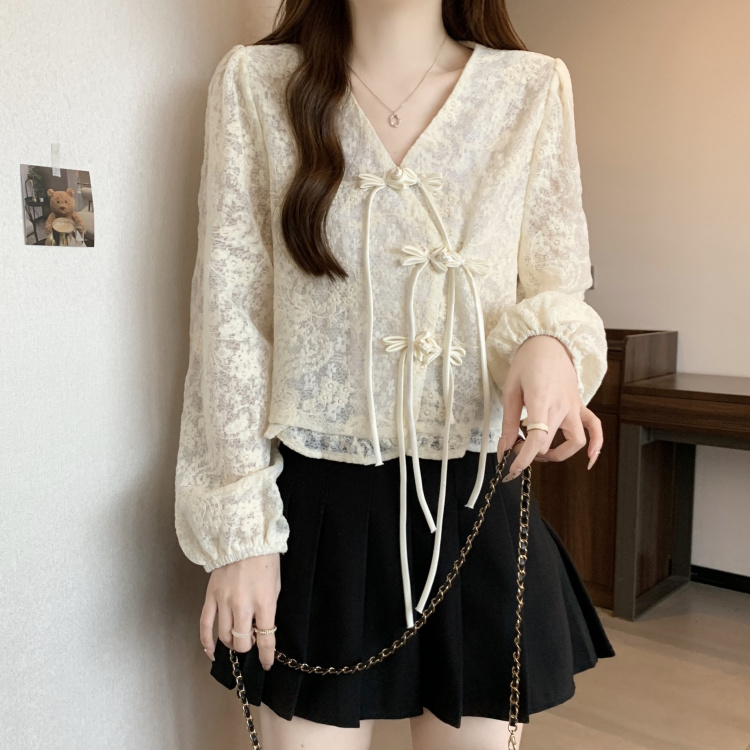 Plus size women's clothing for fat girls New Chinese style V-neck temperament buttoned long-sleeved cardigan top shirt