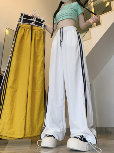 Real shot of summer ice silk quick-drying drawstring striped sports casual pants for women high-waisted straight loose wide-leg pants long pants