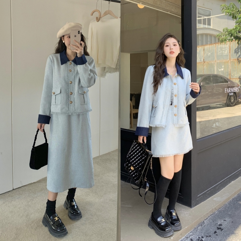 Fat MM Autumn and Winter Small Fragrance Style Contrast Color Denim Splicing Same Color Simple Slimming Exquisite Light Luxury Suit