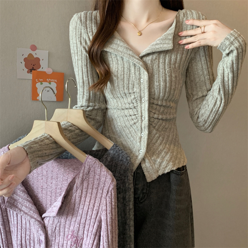 Large size pleated waist slimming pure sexy hot girl slim bottoming long-sleeved knitted top