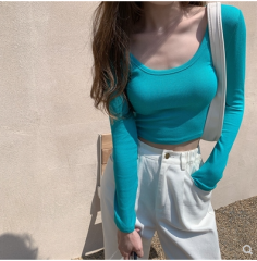 Large size ins trendy white tight-fitting long-sleeved T-shirt with short new chic top