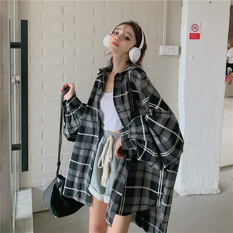 New Korean style mid-length loose and versatile long-sleeved plaid shirt jacket