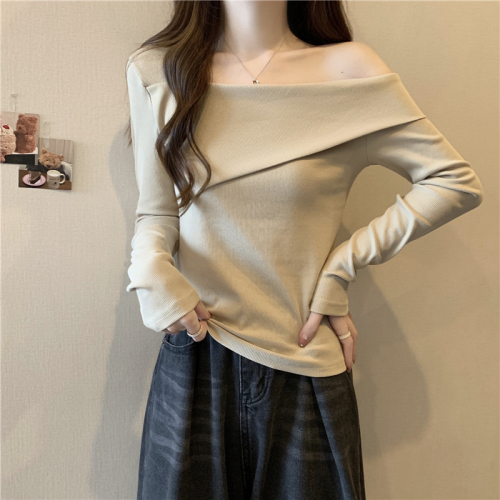 ~Large size women's one-shoulder two-wear long-sleeved T-shirt, high-end, chic, slim and versatile top