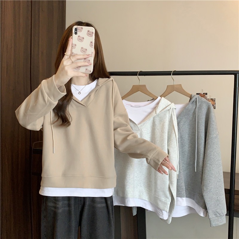 Back collar pure cotton Chinese cotton composite milk silk 320g thin splicing fake two-piece hooded sweatshirt for women