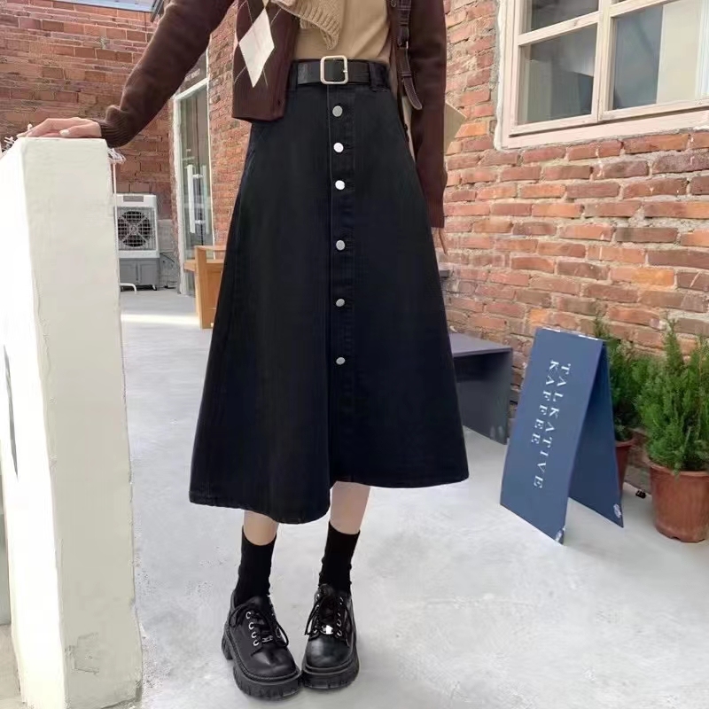Buttoned fat mm retro large size denim skirt slimming mid-length solid color Korean style student