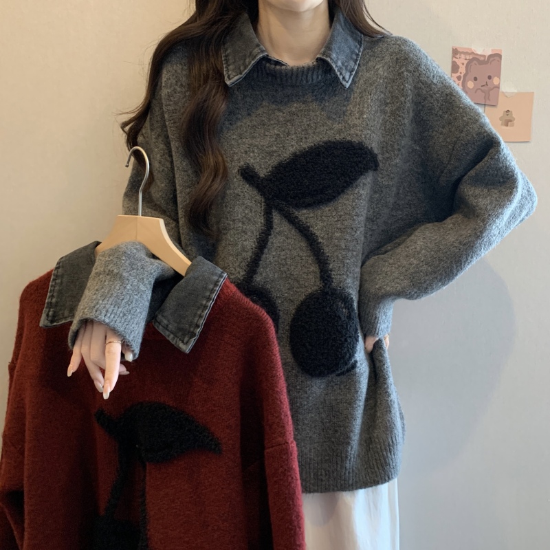 Large size gray cherry embroidery fake two piece sweater for women autumn and winter lazy style loose fashion pullover knitted top trendy