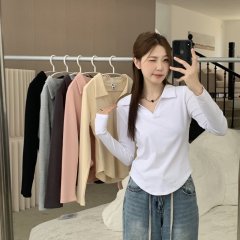 Plus size fat girl right shoulder slim POLO collar long-sleeved T-shirt women's autumn top