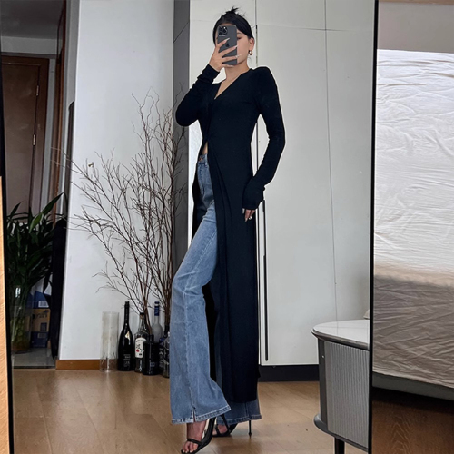 Black V-neck knitted long-sleeved dress for women early autumn new style high-end wear for small people