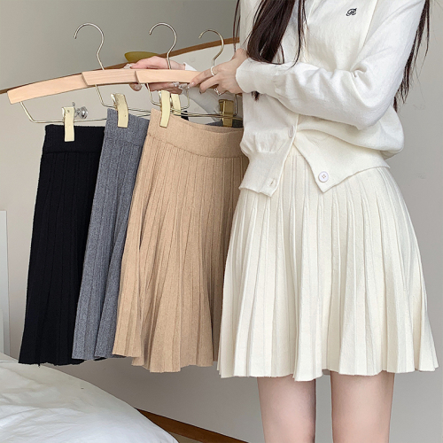 Pleated knitted skirt autumn and winter high waist slimming stretch knitted skirt versatile A-line skirt for women