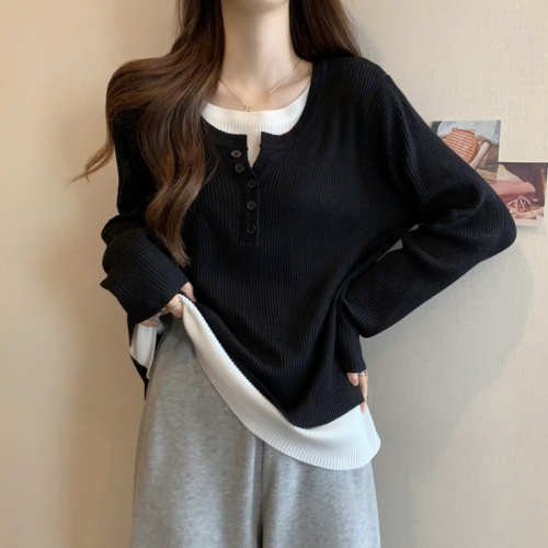 Large size knitted top women's autumn new style fat mm loose slimming belly cover fake two-piece long-sleeved bottoming shirt trendy