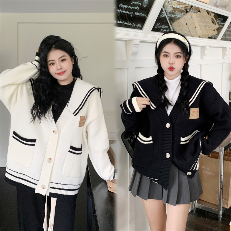Plus size women's removable navy collar sweater preppy sweater coat loose long-sleeved top