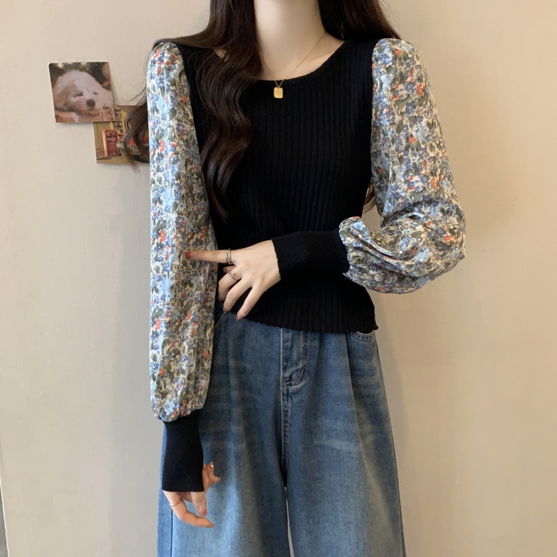 Spring and Autumn Plus Size Shirt Women's Korean Floral Splicing Long Sleeve Puff Sleeve Sweater Top