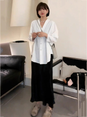 Spring and summer new style fat mm French high-end black temperament acetate skirt women's large size high waist slim fishtail skirt