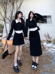 Plus size women's autumn and winter fat mm retro fake two-piece fringed woolen coat + high waist skirt suit for women