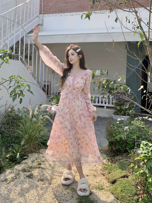 Large size French square collar irregular floral dress women's new waist slimming chiffon long skirt