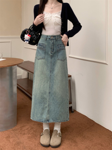 Mid-length skirt women's 2024 new high-waist slimming A-line slit denim skirt