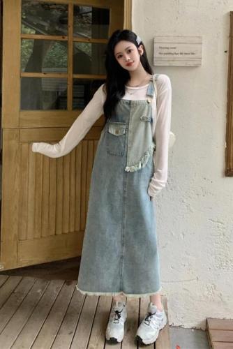 Plus size fat mm American workwear denim suspender dress for women 2024 new slimming niche skirt