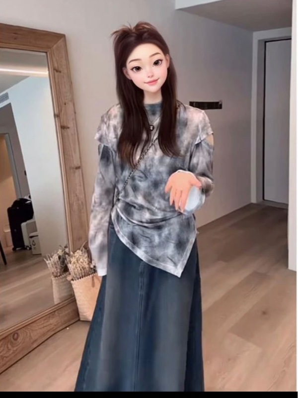 Plus Size Early Autumn Women's Wear Slightly Fat Women's Wear 2024 Fall Fashionable Western Tops Tie Dye Long Sleeve Knitted T-Shirt