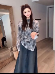 Plus Size Early Autumn Women's Wear Slightly Fat Women's Wear 2024 Fall Fashionable Western Tops Tie Dye Long Sleeve Knitted T-Shirt