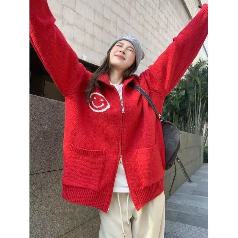 Japanese style color block lapel double zipper cardigan sweater women's trendy brand couple wear sweater loose autumn and winter coat
