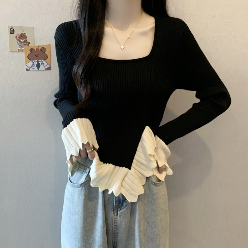 Plus size autumn clothing pure lust style women's clothing fat mm sweet hot girl irregular slimming sweater slim square neck top