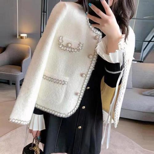 Xiaoxiangfeng imitation mink velvet jacket for women in autumn and winter Korean style famous lady French short knitted sweater cardigan for women