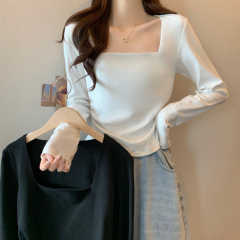 Plus size women's fat MM pleated square collar long-sleeved T-shirt autumn slim fit versatile solid color top