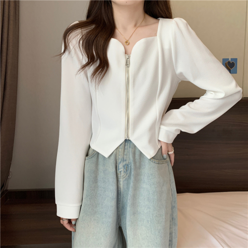 Women's spring new large size square collar top with irregular inner black long-sleeved T-shirt cardigan